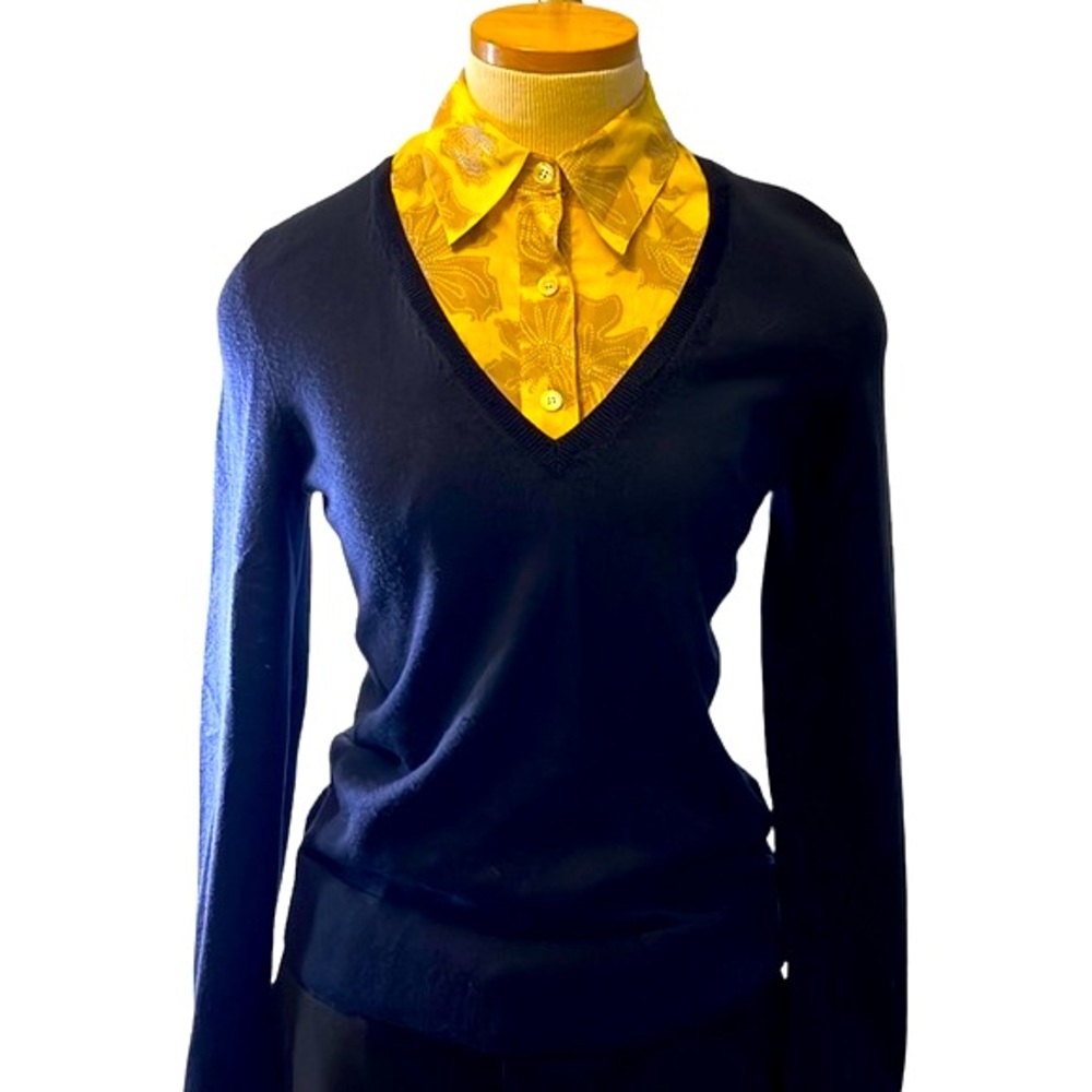 Tory Burch Navy V‑Neck Sweater with Yellow Shirt Detail